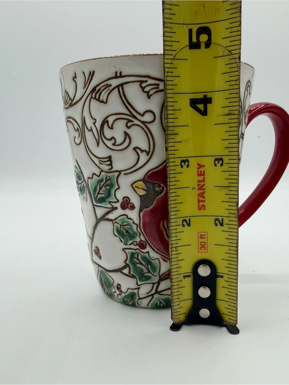 Christmas Cardinal Coffee Mug Holly Scroll Ceramic Red White Large Cup